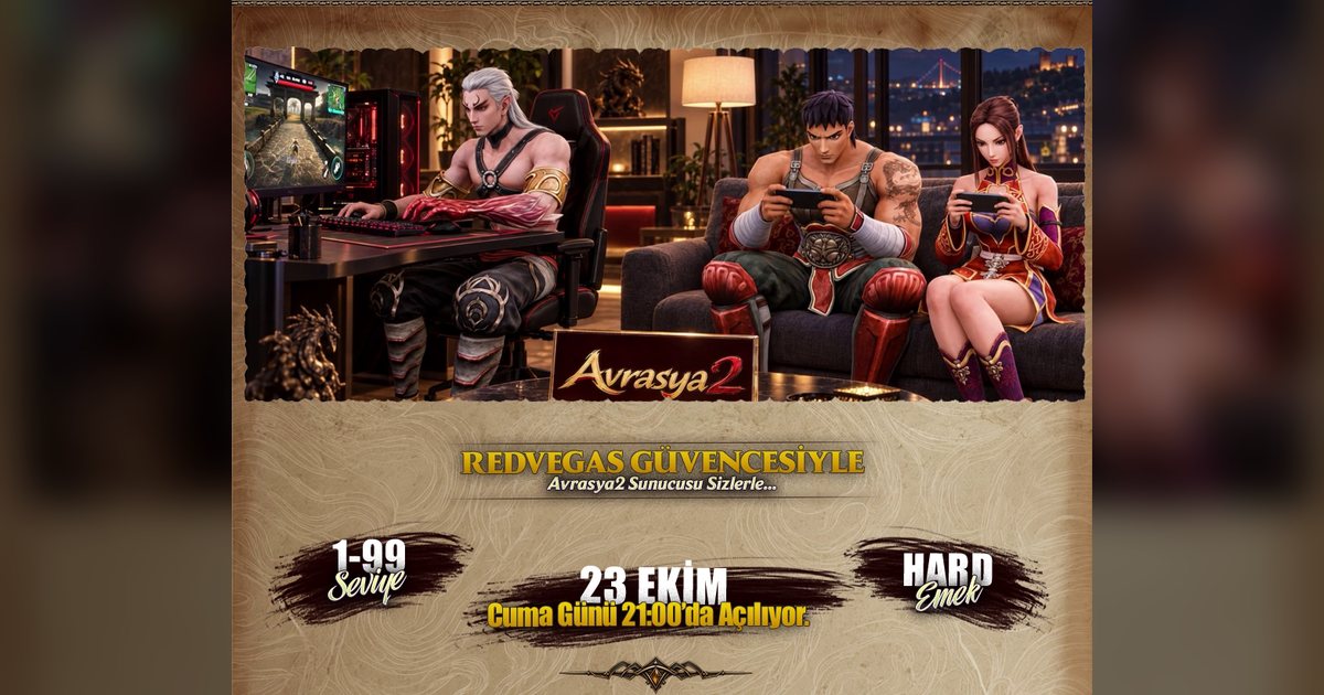AvrasyaMt2 tanıtım görseli: 1-99 seviye hard emek, 23 Ekim Cuma 21.00'de açılıyor